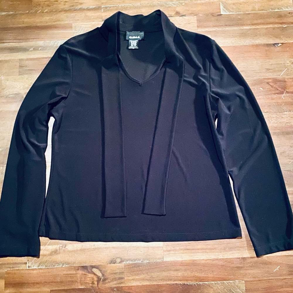 Clara S (now Clara Sun Woo) Black Long-Sleeve V-Neck Tie-Neck Blouse